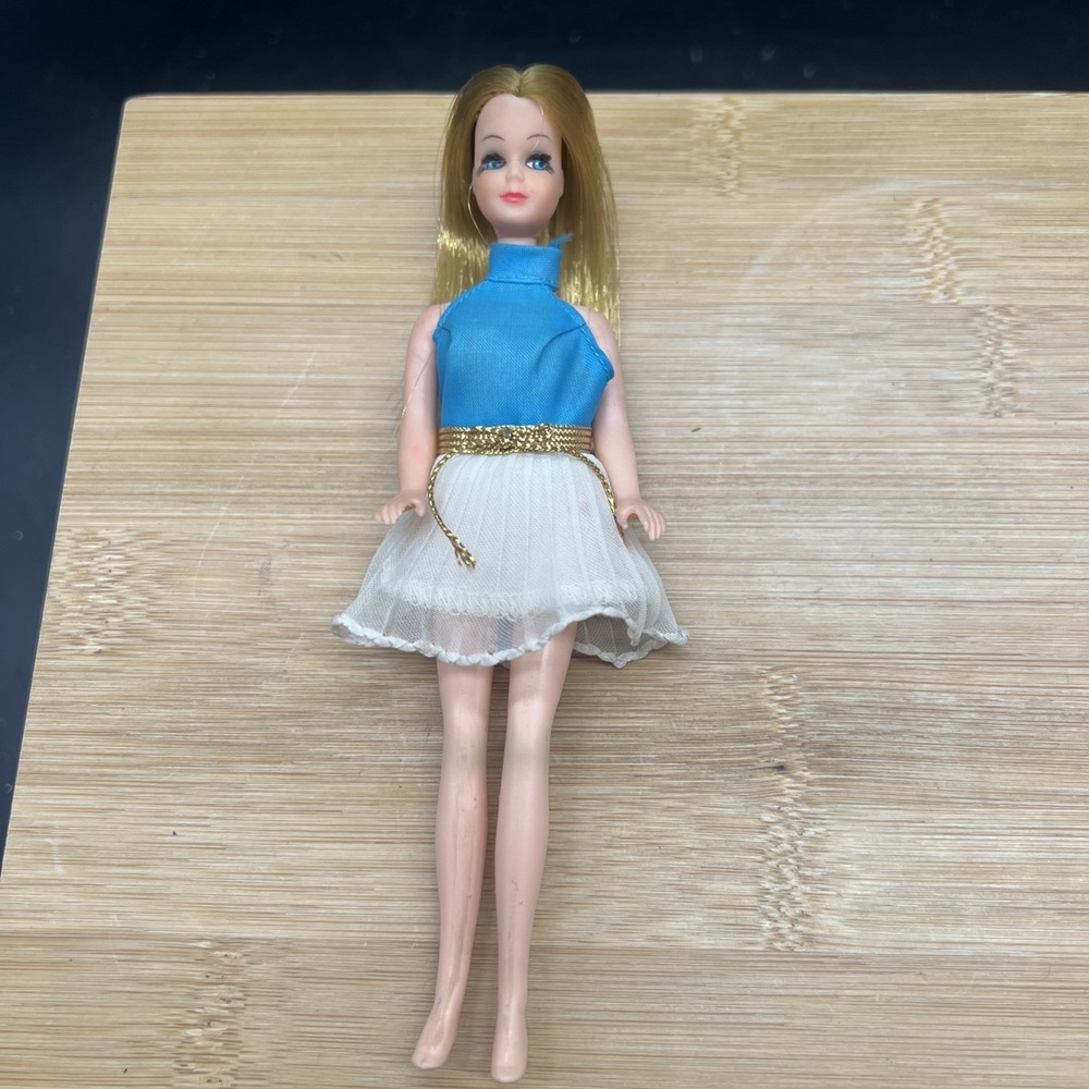 Vintage 1970s Topper Dawn Doll In Blue And White Halter Dress W/ Gold Belt